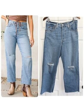 LEVI'S Ribcage Straight Ankle High Waist Jeans Distressed Raw Hem Fall Trip 28